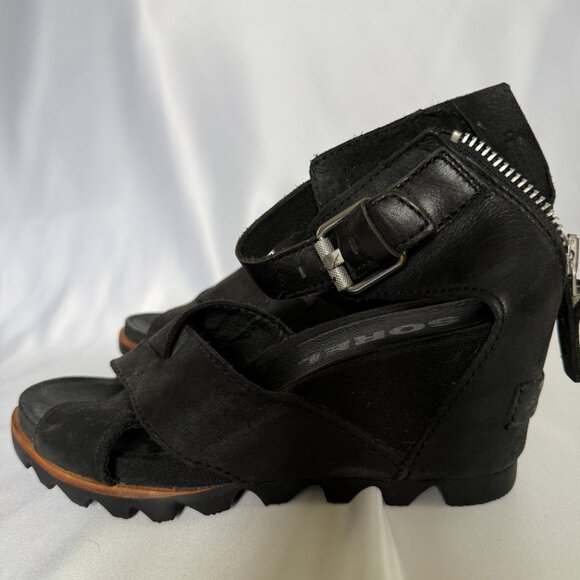 Sorel Joanie II Ankle Strap Wedge Sandals Black Leather Size 6.5 - Picture 6 of 7